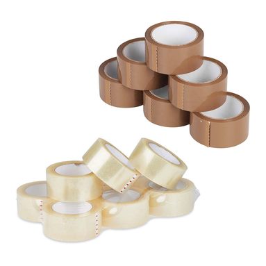Rollos de cinta de embalaje transparente y beige
